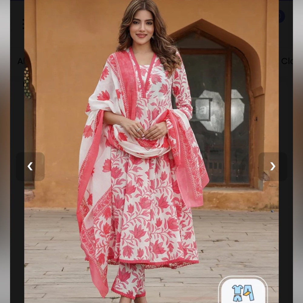 Kalini Women’s Floral Printed V-Neck Regular Kurta With Trousers Size XL